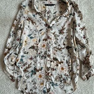Zara Cream Floral Button-Down Shirt